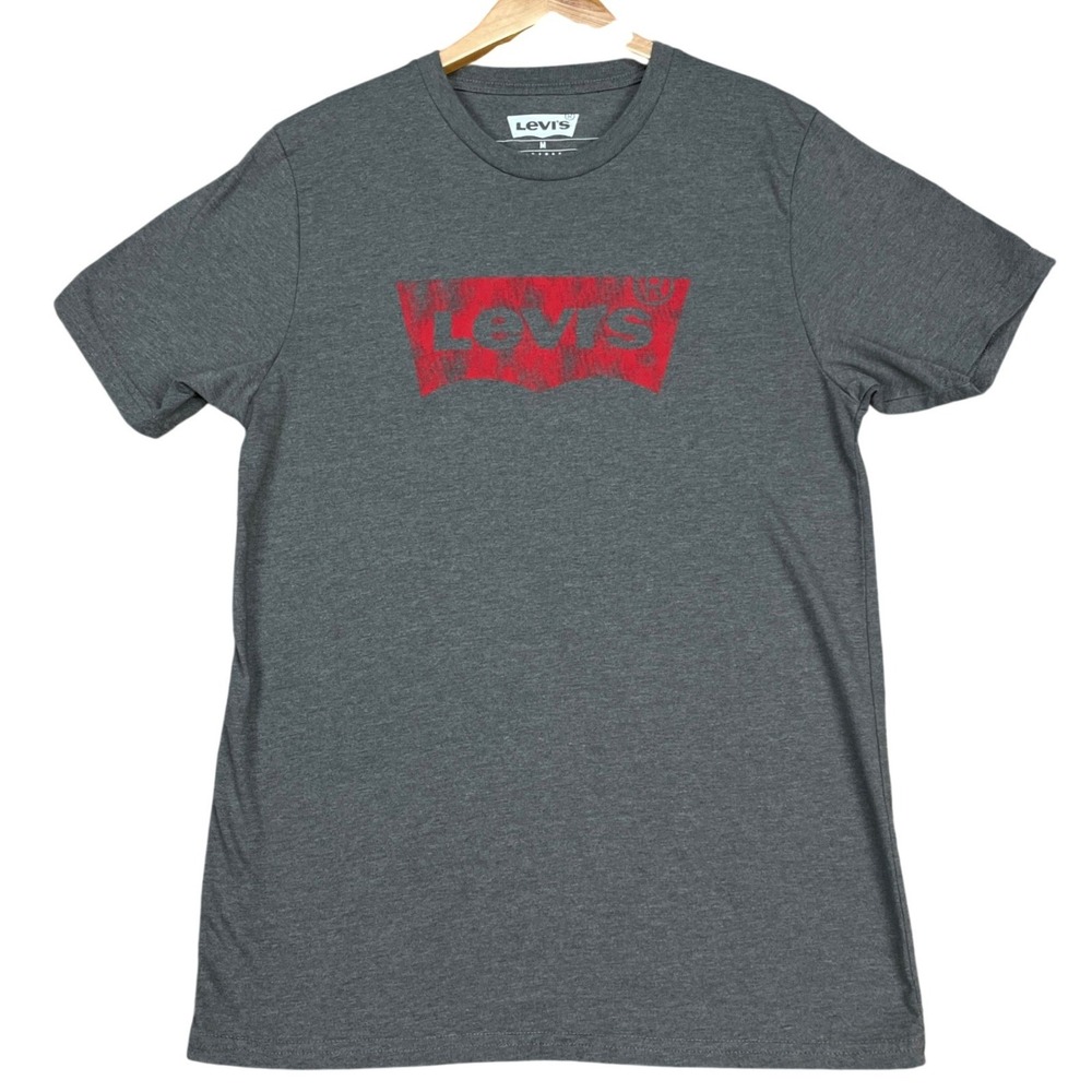 Levi's T-Shirt Mens Size Medium Gray Red Heather Short Sleeve Batwing LOGO